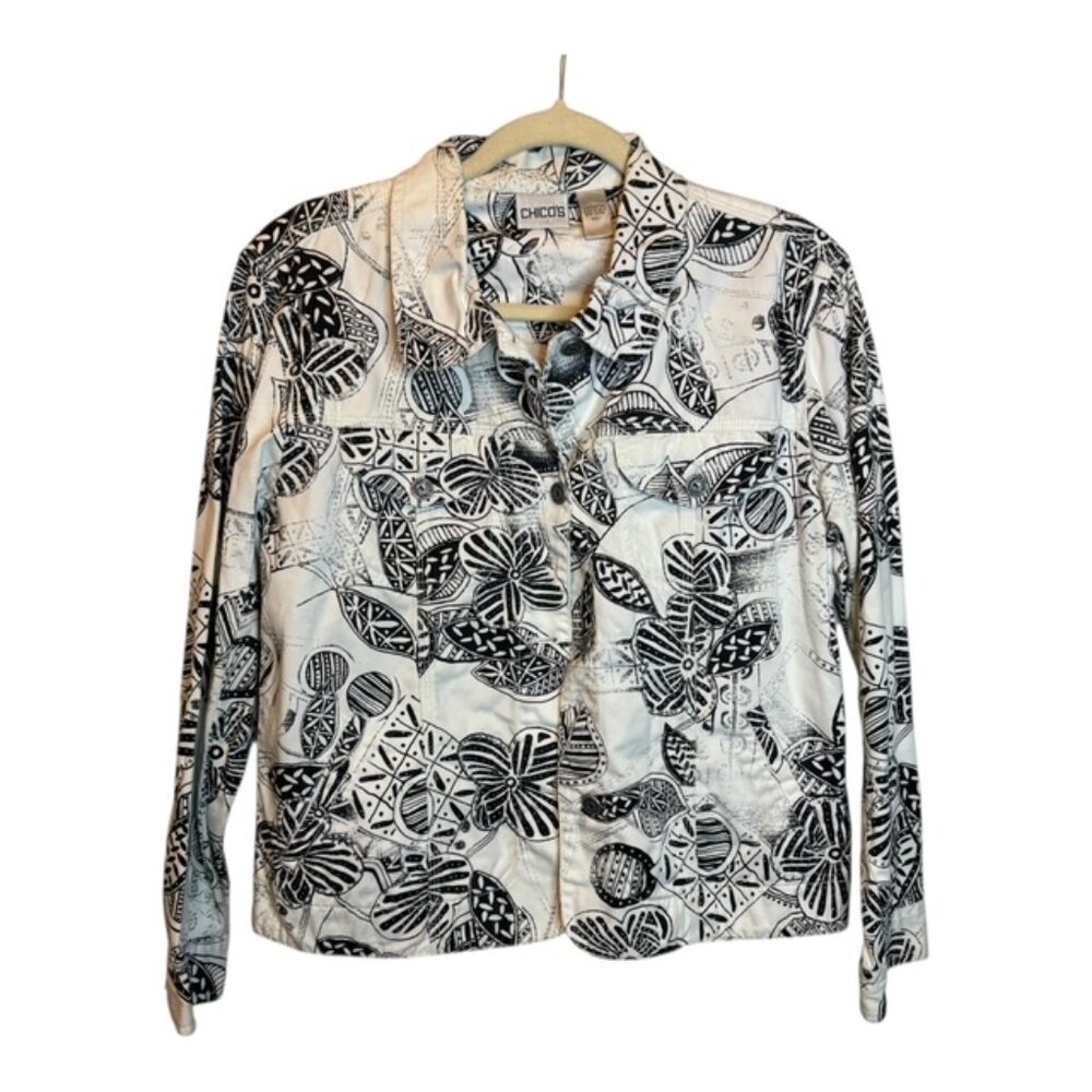 Chico's Jacket Women's Size Medium Floral Sequins Denim Jean Office Black White